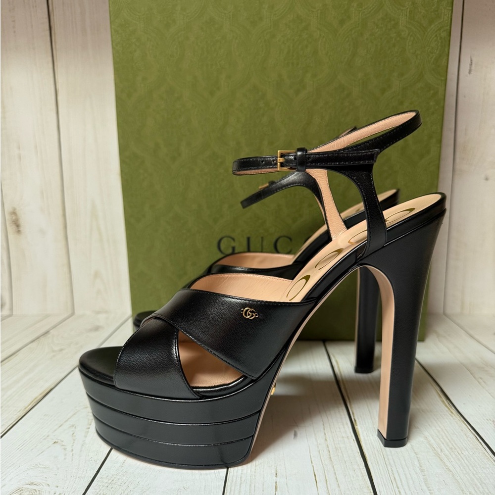 Gucci GG Malaga Kid Leather Platform Sandals Black Sz 40 / 10 - Picture 3 of 16